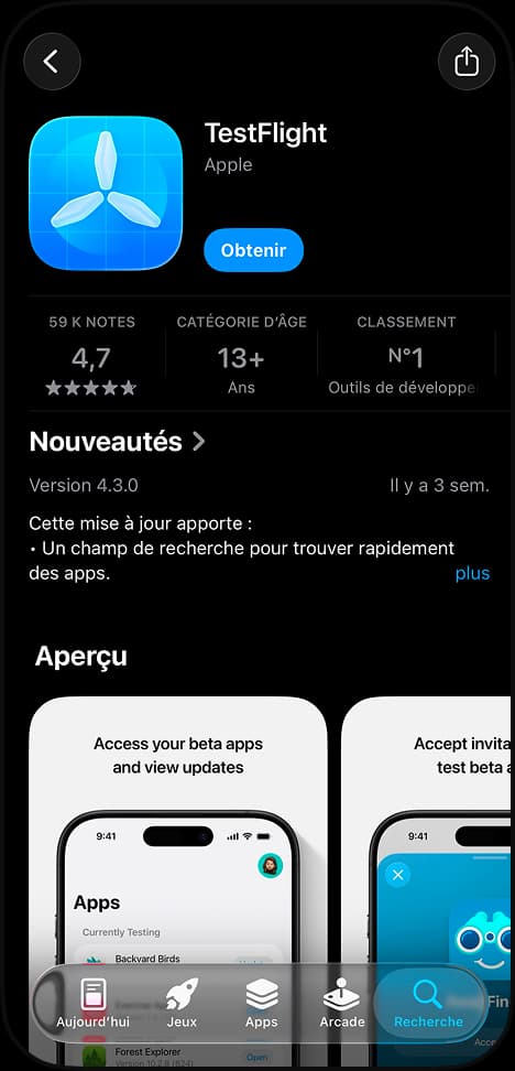 Écran App Store pour installer TestFlight
