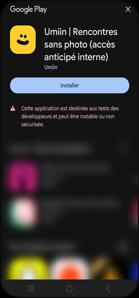 Écran Google Play Store pour installer Umiin