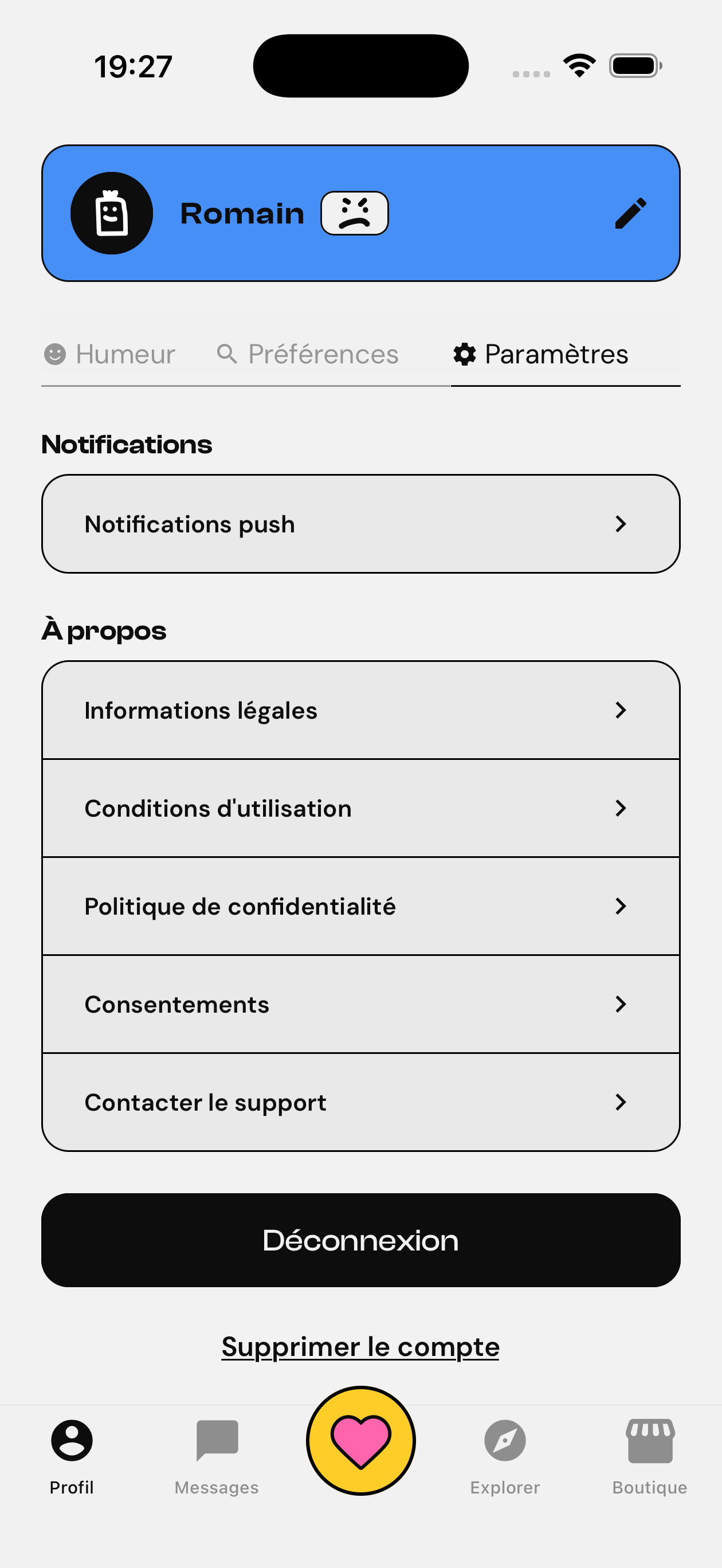 Écran Paramètres de l’application Umiin, avec le lien « Supprimer le compte »