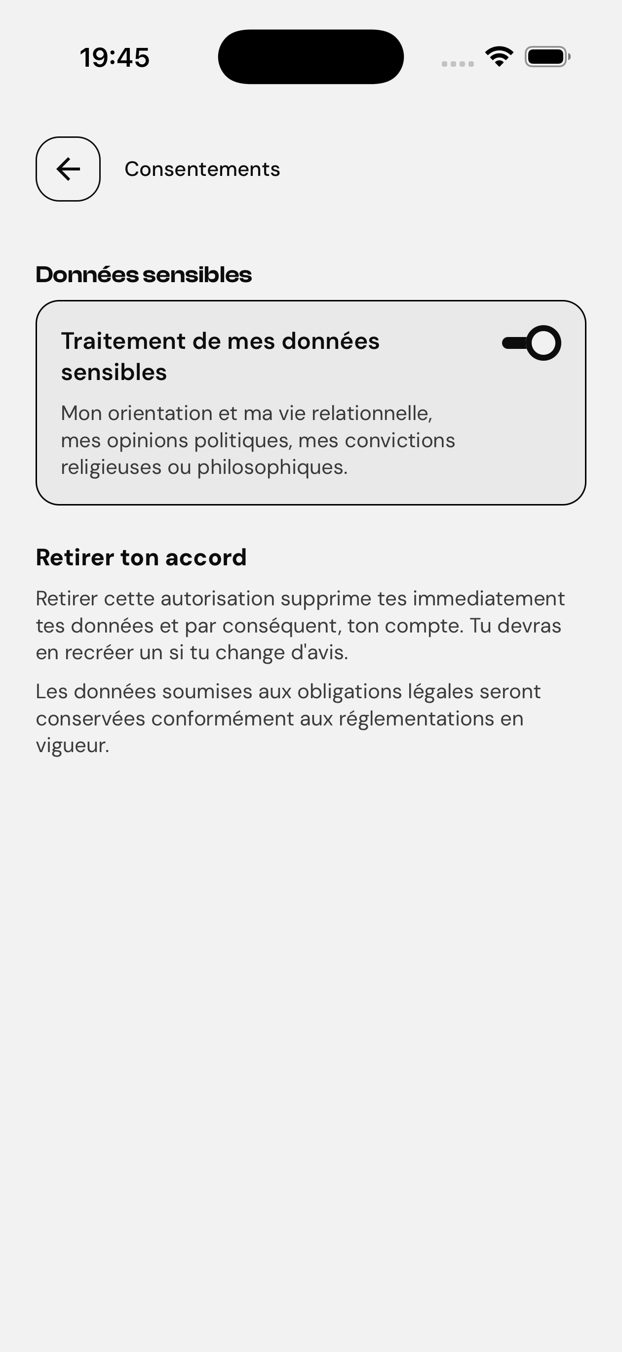 Écran Consentements de l’application Umiin, avec le retrait du traitement des données sensibles